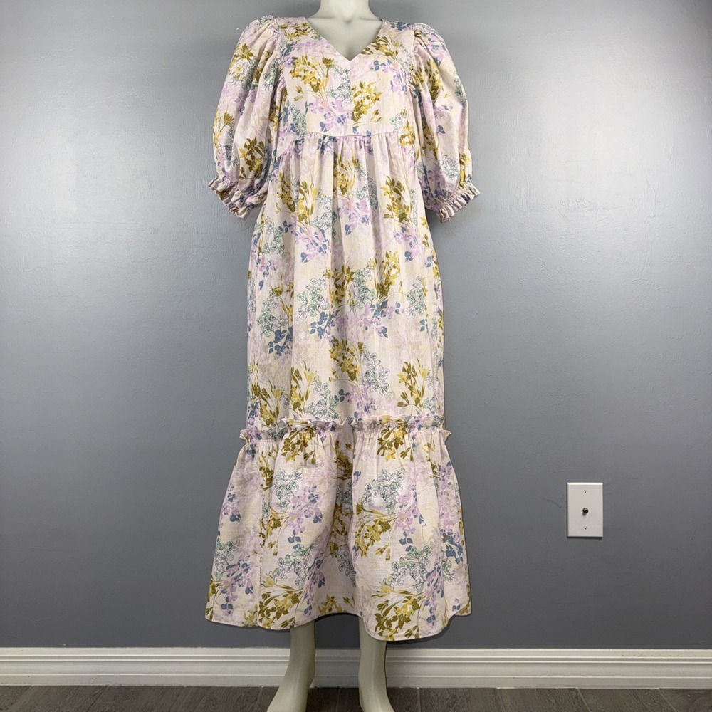 Hunter Bell Palmer Dress Women's L Multi Color Iris Bloom Cottagecore Prairie